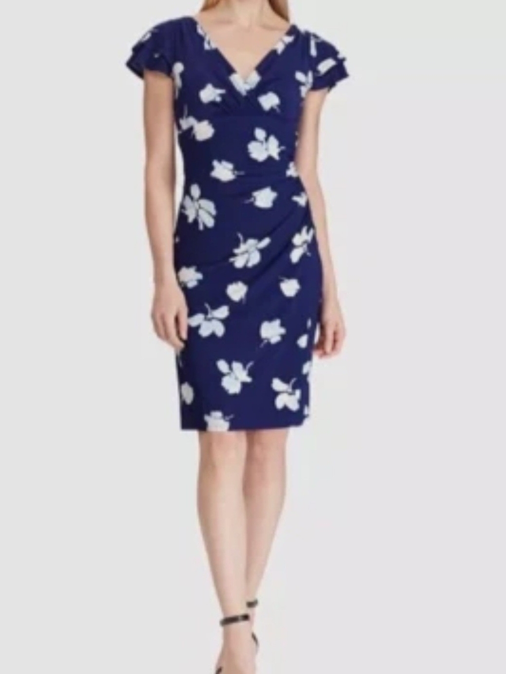 Lauren Ralph Lauren Navy/ White Floral Midi Faux Wrap Dress Size 10